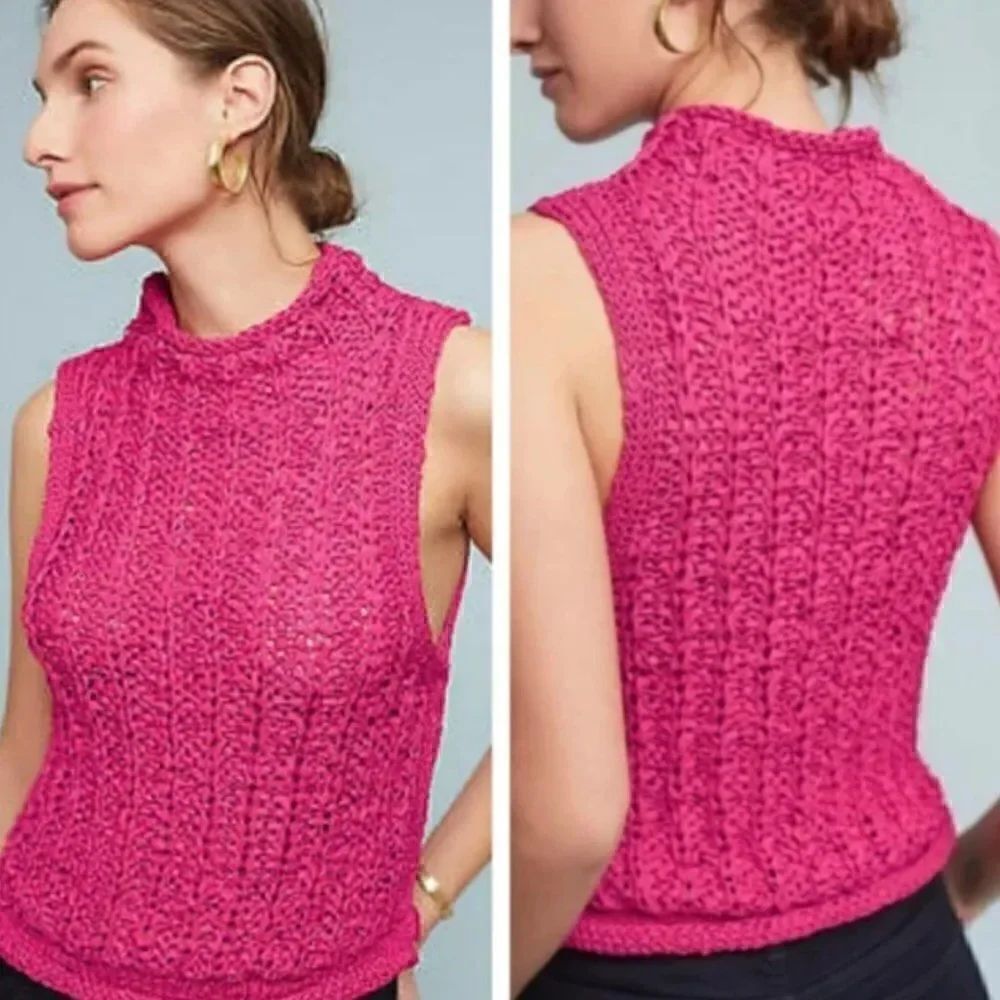 Anthropologie Moth Ribbon Knit Mock Neck Sleeveless Pink Top Boho